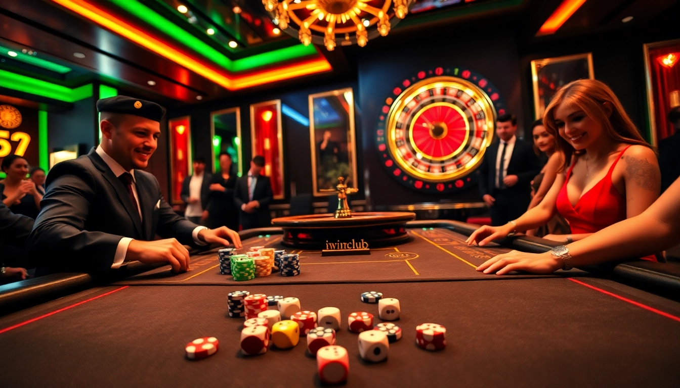 Players enjoying a thrilling game at an iwinclub casino table with colorful chips and dice.