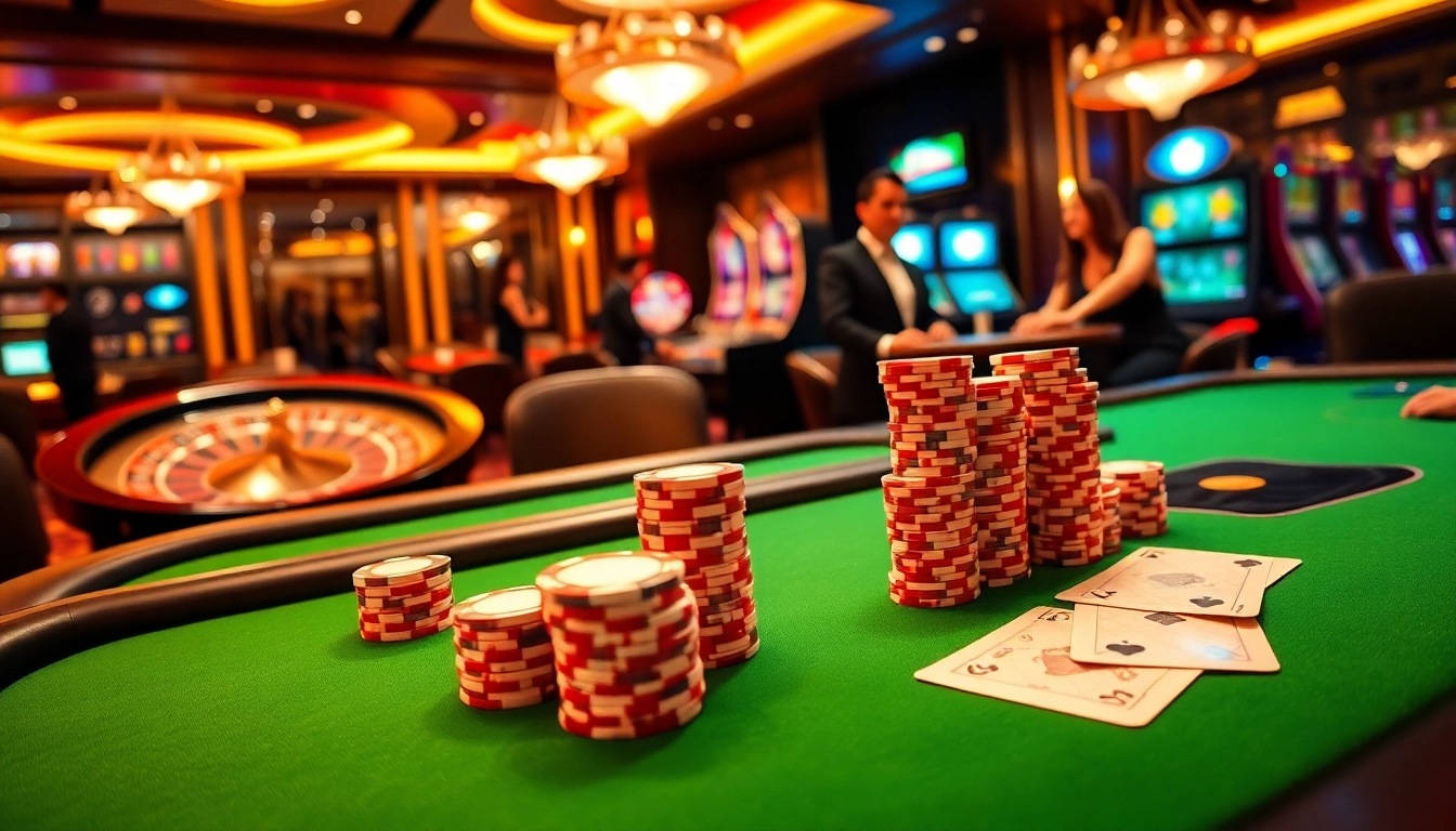 Experience thrilling gambling at https://vmax1.so/ with a vibrant casino scene featuring poker tables and roulette.