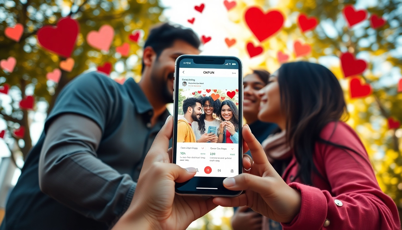 Engaging depiction of the OKFUN dating app interface showcasing diverse couples and connections.