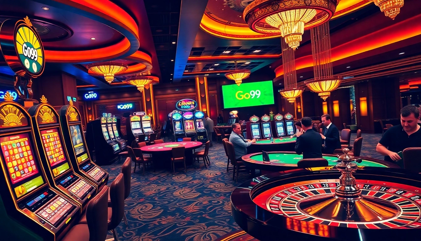 Thrilling Go99 casino scene with players at poker and roulette tables, showcasing excitement and luxury.