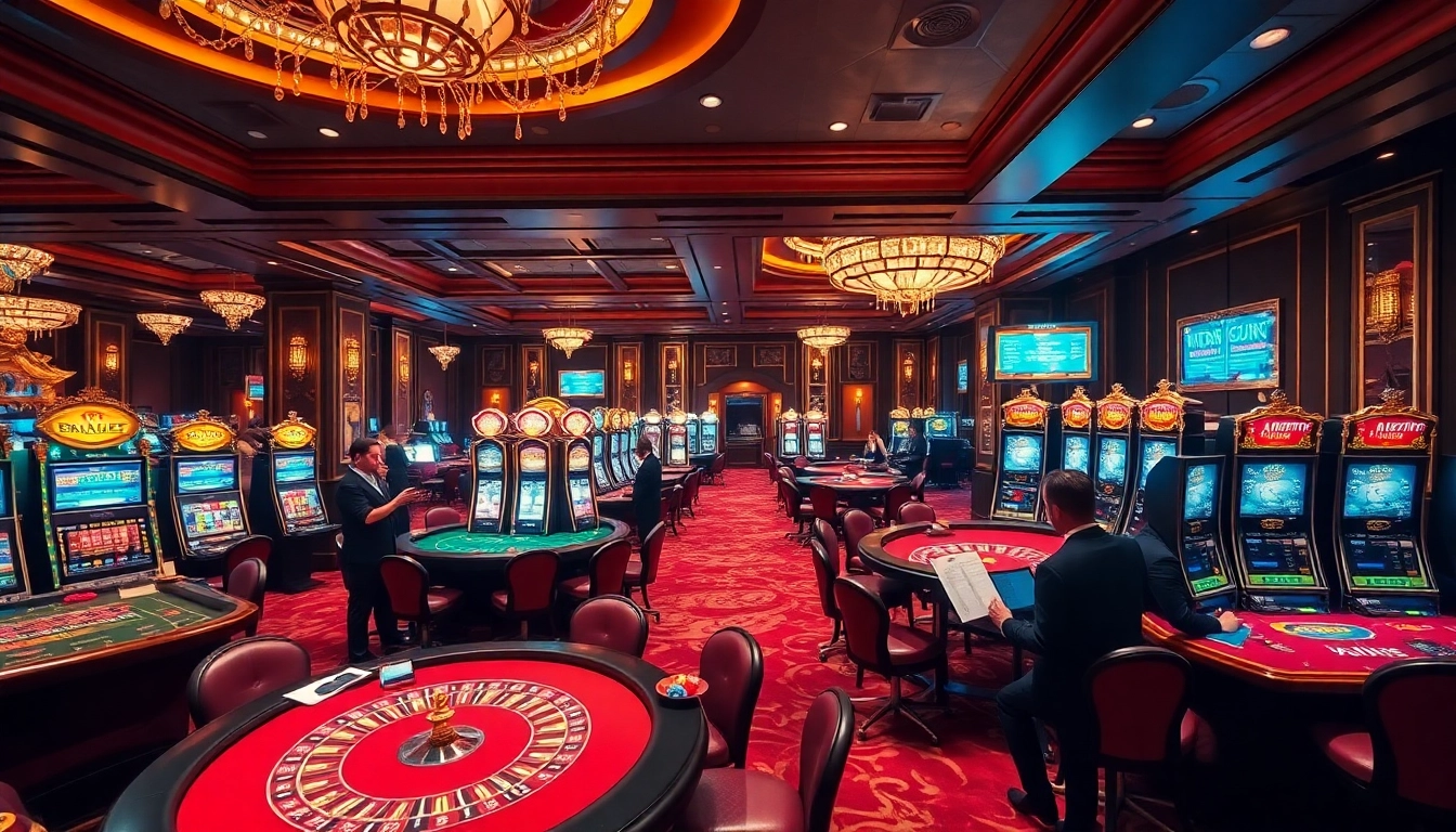 Experience the excitement of dn88 trang chủ at this luxurious casino atmosphere filled with gaming tables and vibrant slot machines.