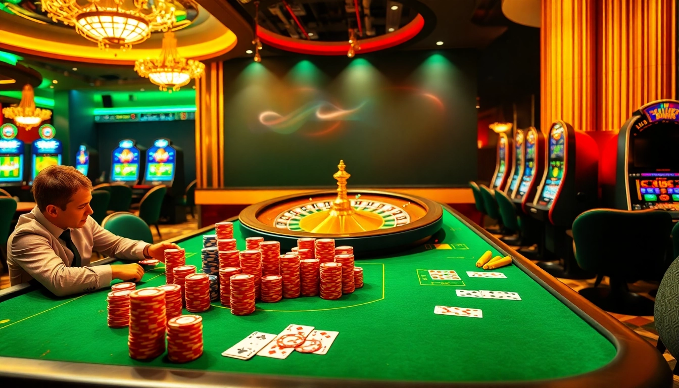 Engaging gamblers with FLY88 link on a vibrant casino table showcasing exciting gameplay.