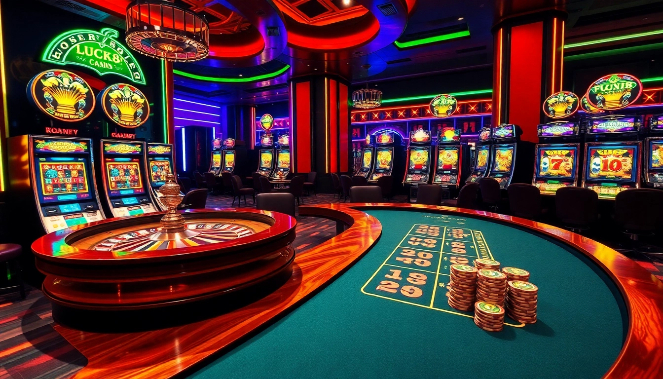 Cảnh cá cược đầy hứng khởi với roulette và poker, nhấn mạnh LUCK8、LUCKY8 dành cho người chơi.