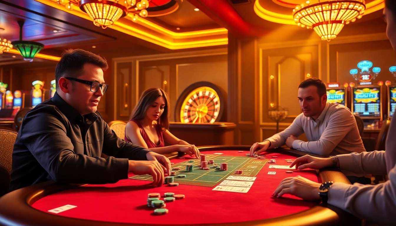 Players enjoying poker at b52club casino tables surrounded by vibrant gaming atmosphere.
