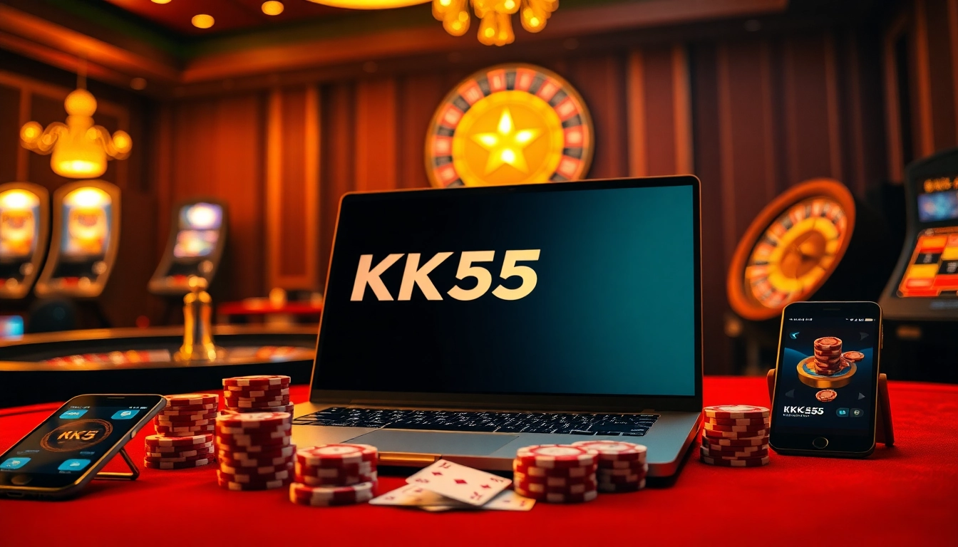 The KK55 platform showcased on a laptop, surrounded by casino elements like poker chips and a roulette wheel, creating an exciting gambling atmosphere.