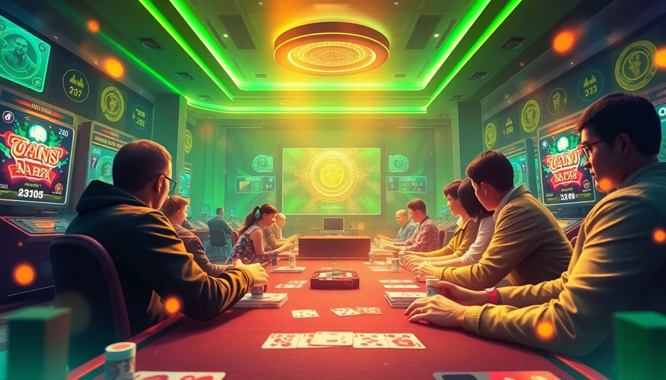 Exciting game bài đổi thưởng scene featuring players engaged in online card games with vibrant visuals and a lively atmosphere.