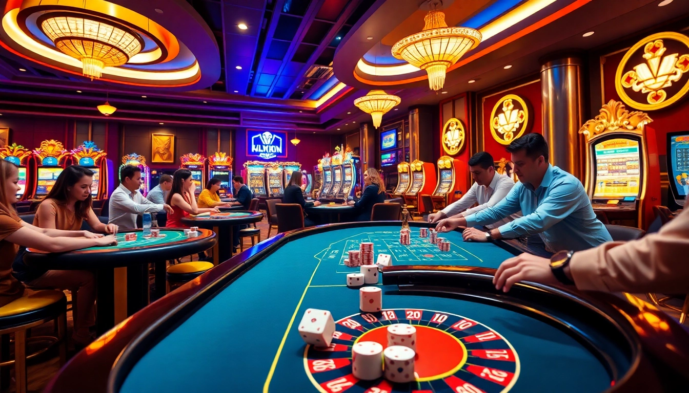 Tập đoàn truyền thông TPJ showcases an exciting casino atmosphere with players enjoying various games, representing luxury and thrill.