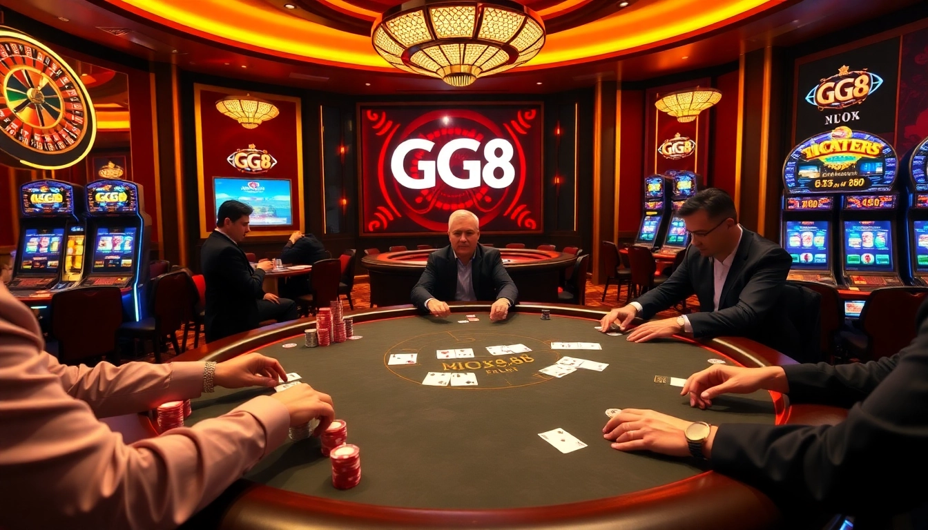 Intense poker game at GG 88 casino table, showcasing high stakes and excitement.