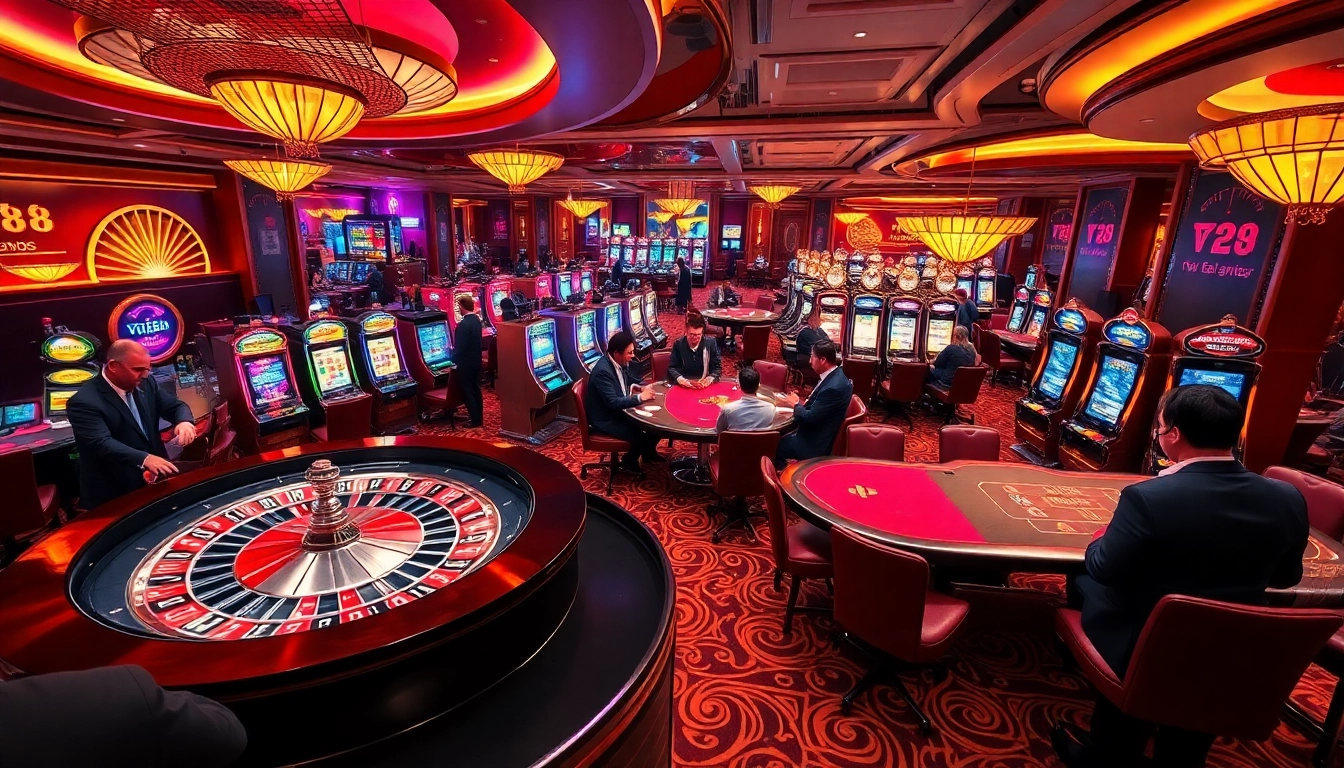 Exciting casino gameplay at vt88 with roulette tables, poker players, and vibrant slot machines.