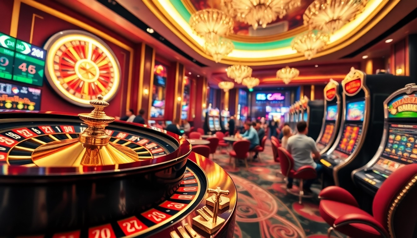 Experience thrilling gameplay at cm88 with elegant roulette and slot machines in a luxurious casino setting.