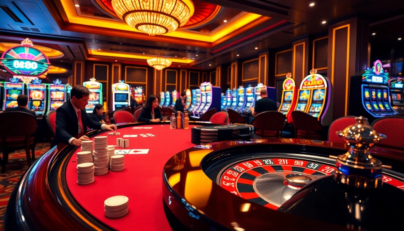 Engaging scene at Bet88 casino with players enjoying poker, roulette, and vibrant slot machines.