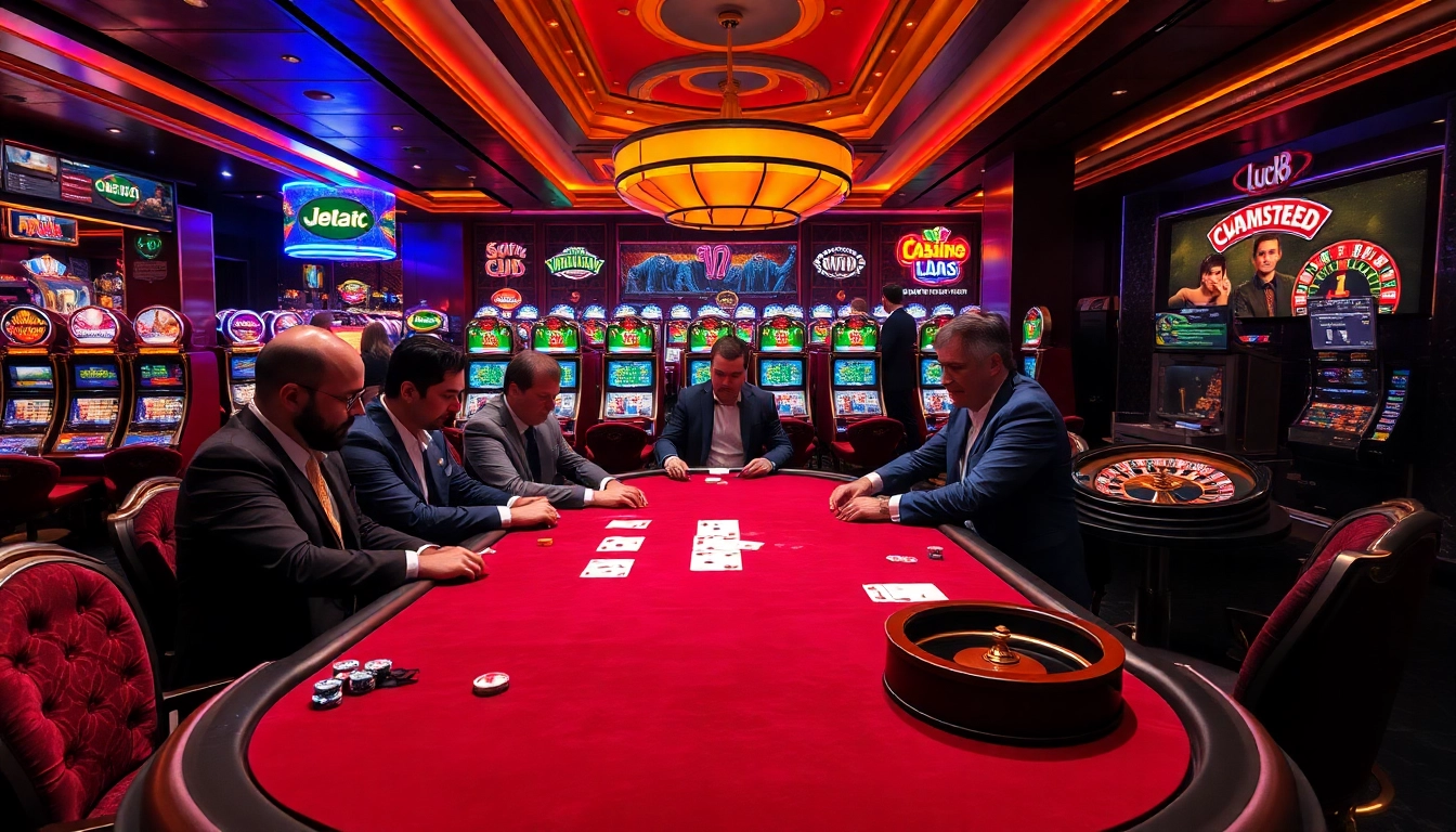 Players engaged in a thrilling poker game at Luck8's luxurious casino, showcasing excitement and professional gambling skills.