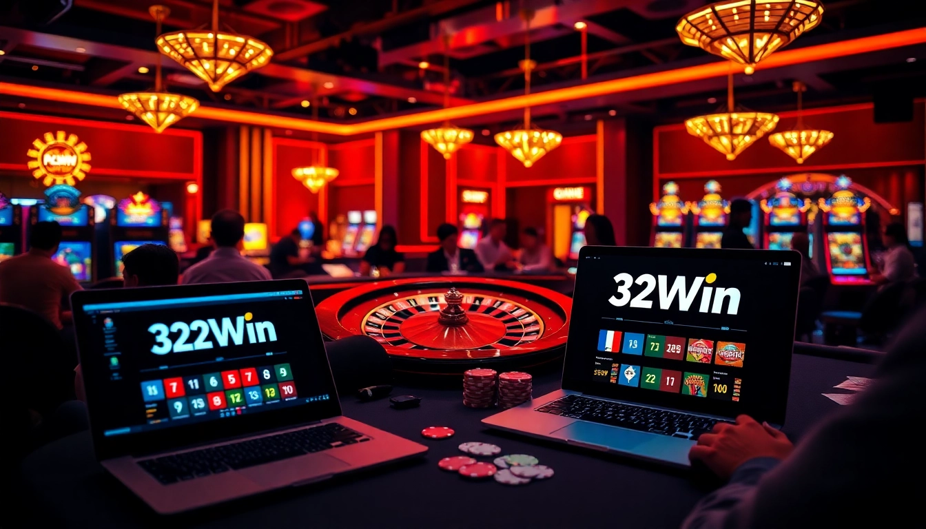 Experience exciting gameplay at 32Win with poker chips and roulette tables.