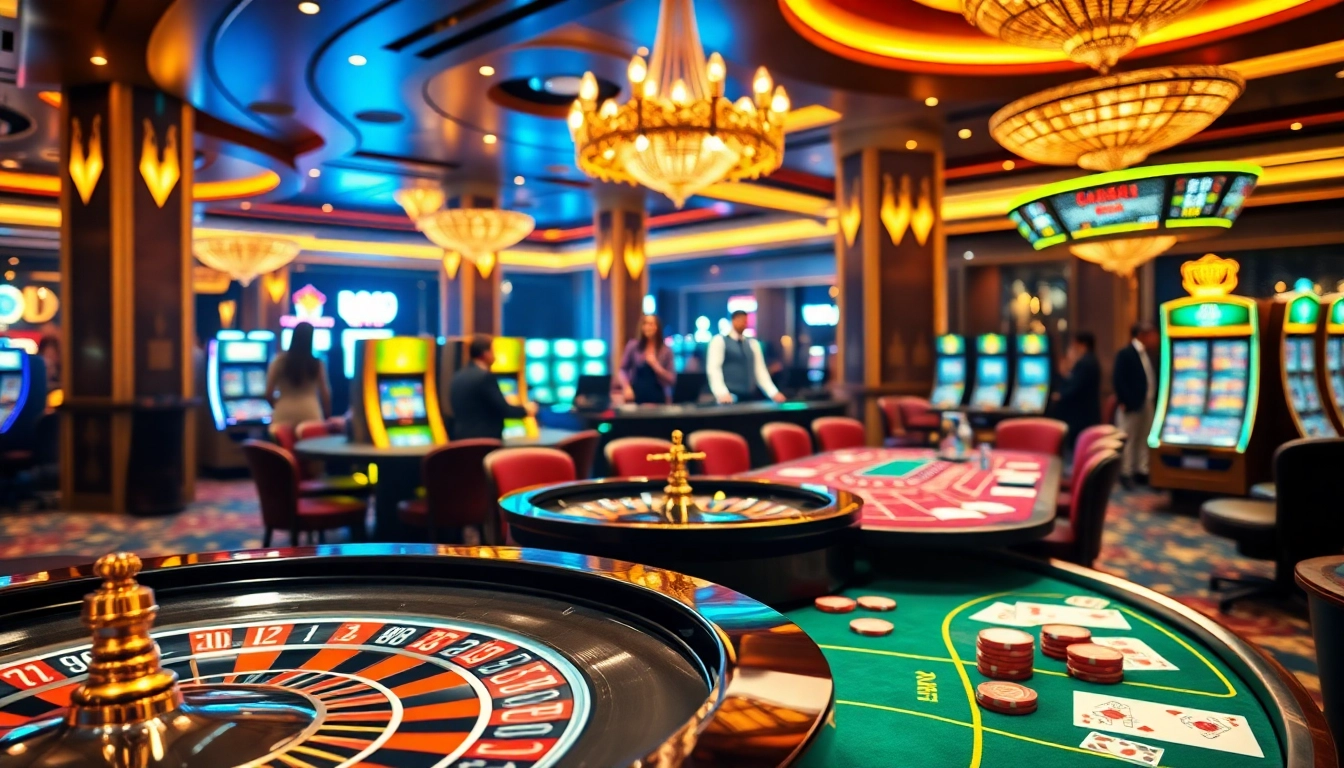 Players enjoying high-stakes games at rr888, featuring roulette and poker tables with vibrant chips.