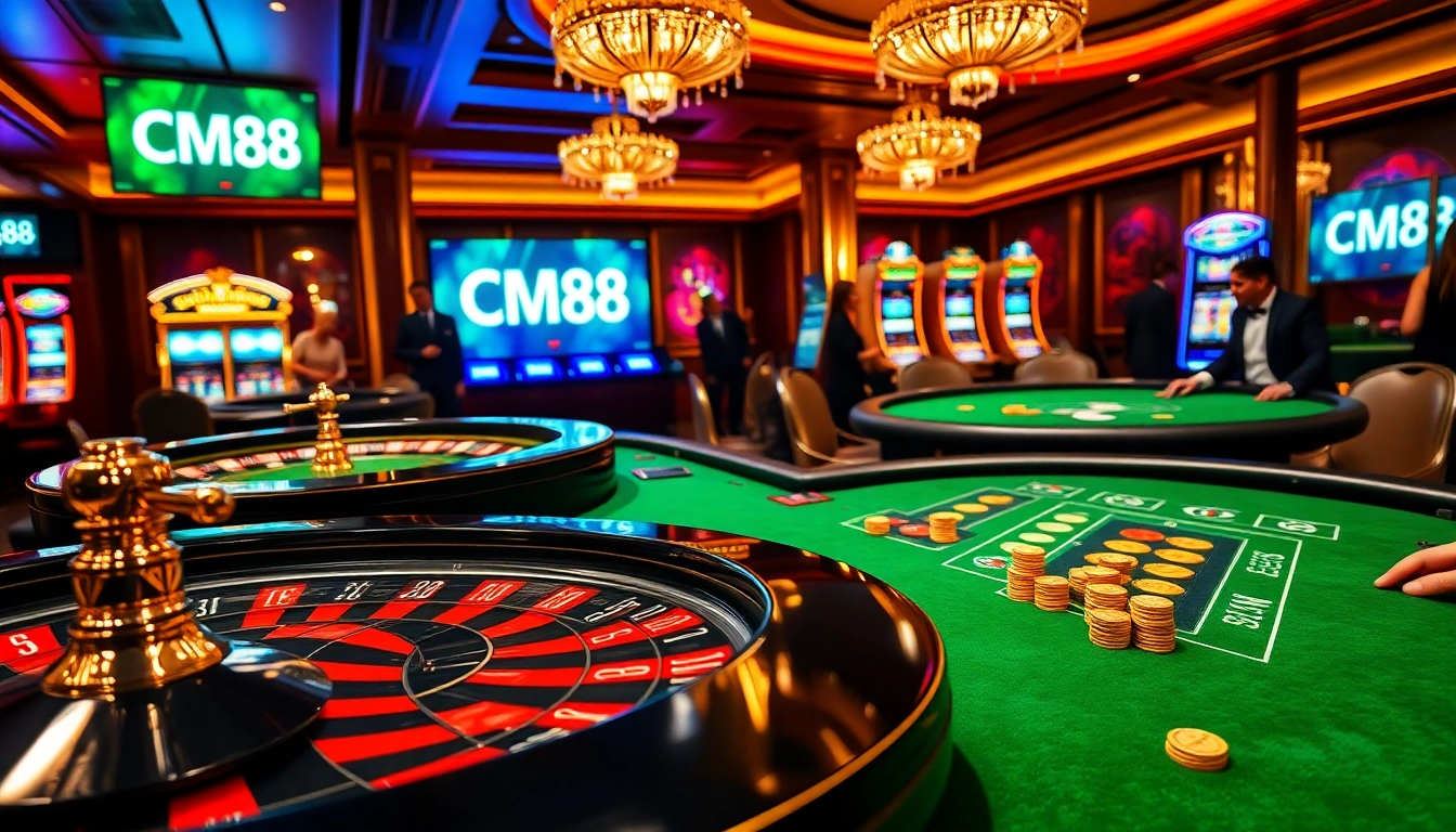 Experience the excitement of a luxurious casino with CM88-themed gaming tables and vibrant slot machines.
