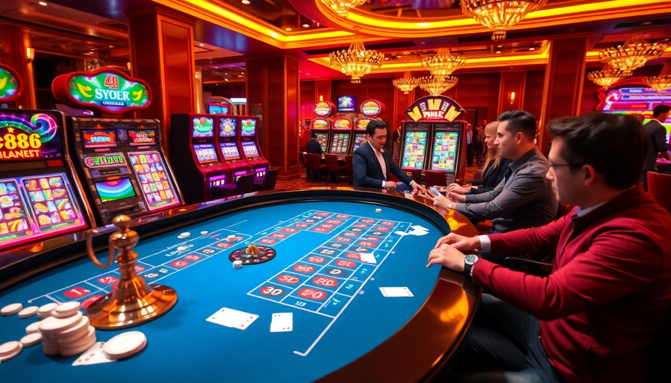 Players enjoy the excitement of the casino scene at go88, with roulette and slot machines in action.