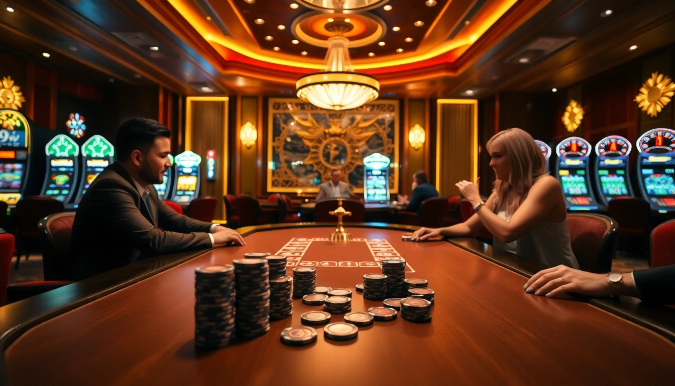 Play thrilling poker at https://jun88pl.com/ in a luxurious casino atmosphere with vibrant slot machines.