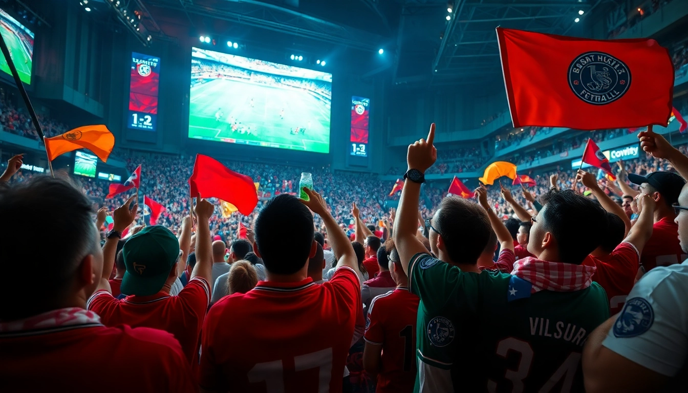 Excited crowd enjoying live football at Vaoluoi TV event, showcasing vibrant atmosphere.