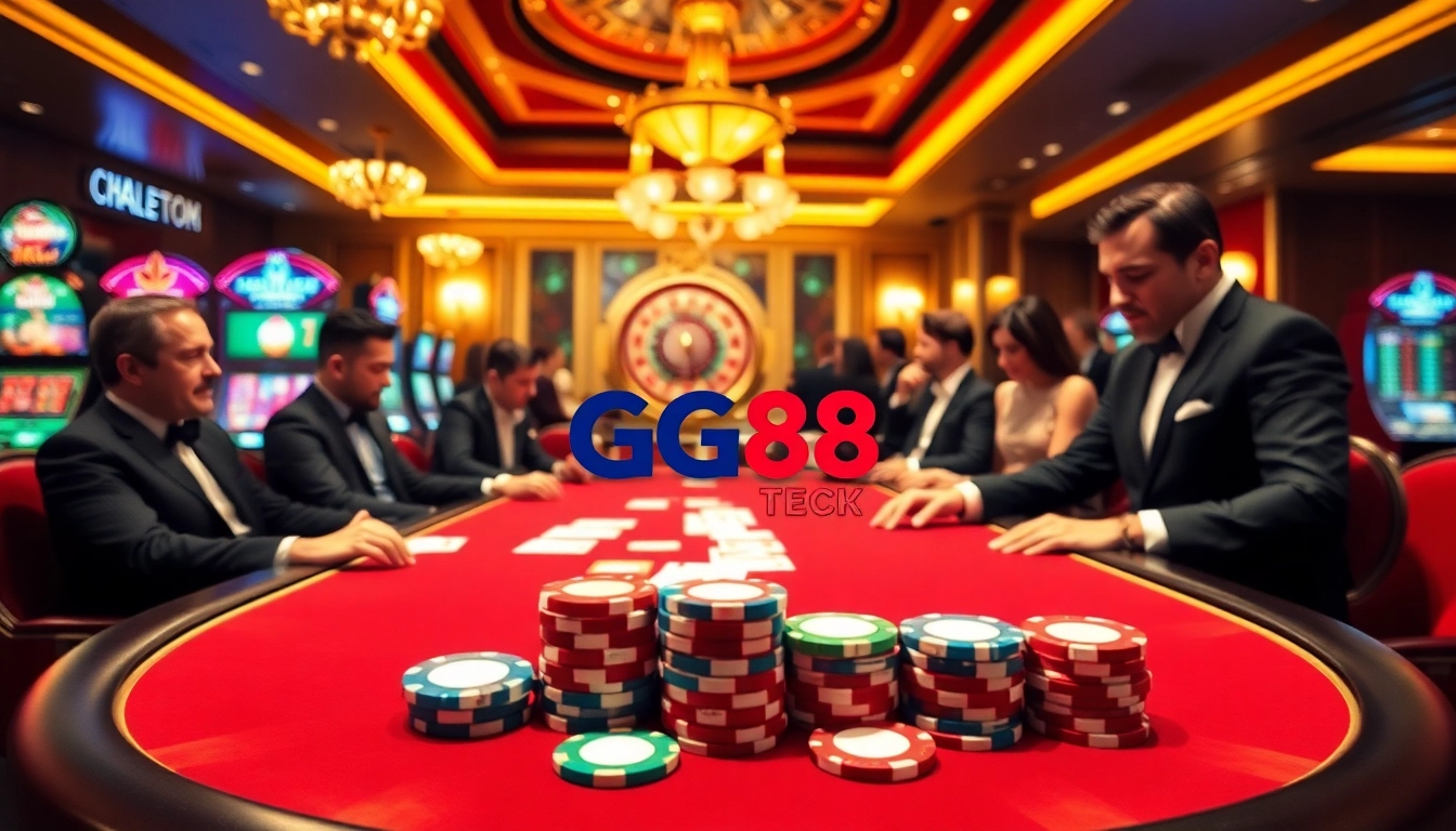 High-stakes poker action featuring Gg88 Tech logo with vibrant casino atmosphere.