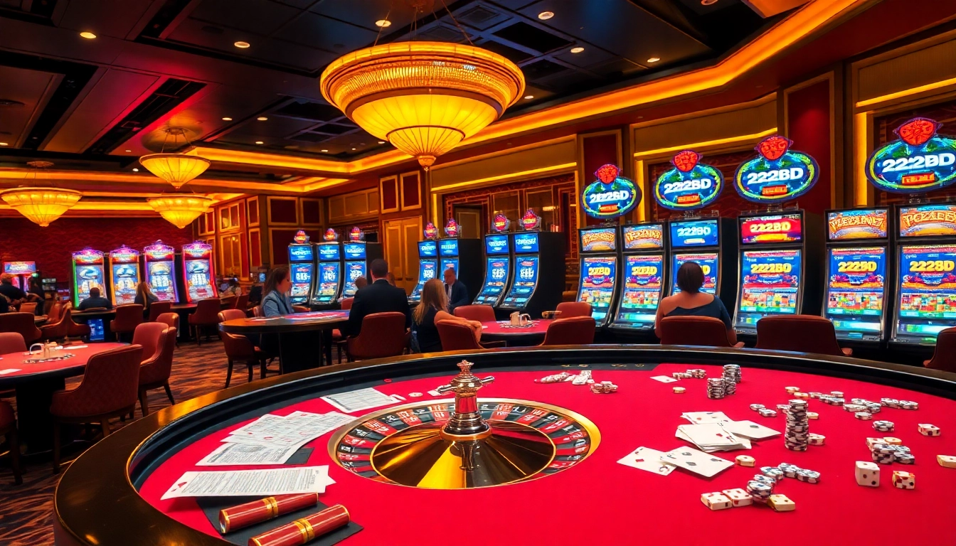 Experience the thrill of 222BD Casino, featuring elegant tables and vibrant slot machines.