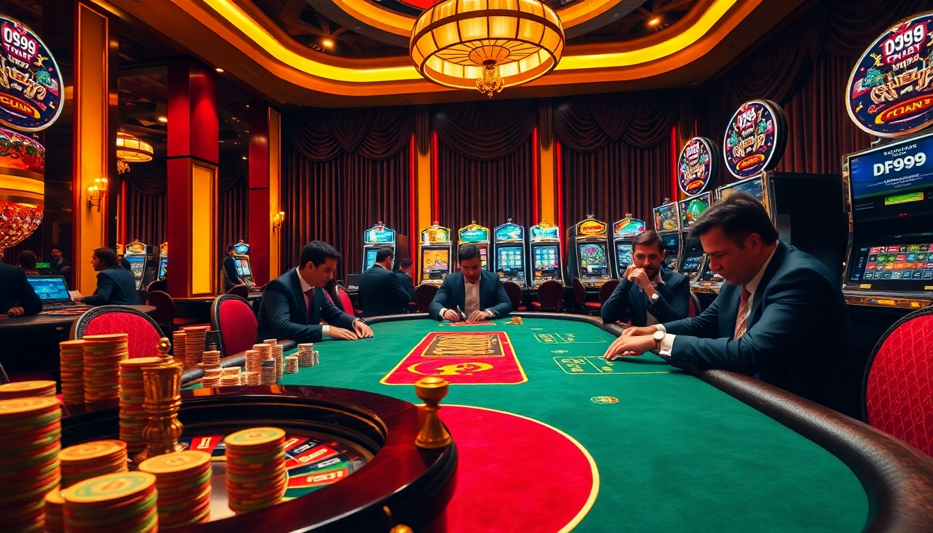 High-stakes poker with DF999 gaming atmosphere showcasing vibrant chips and roulette.