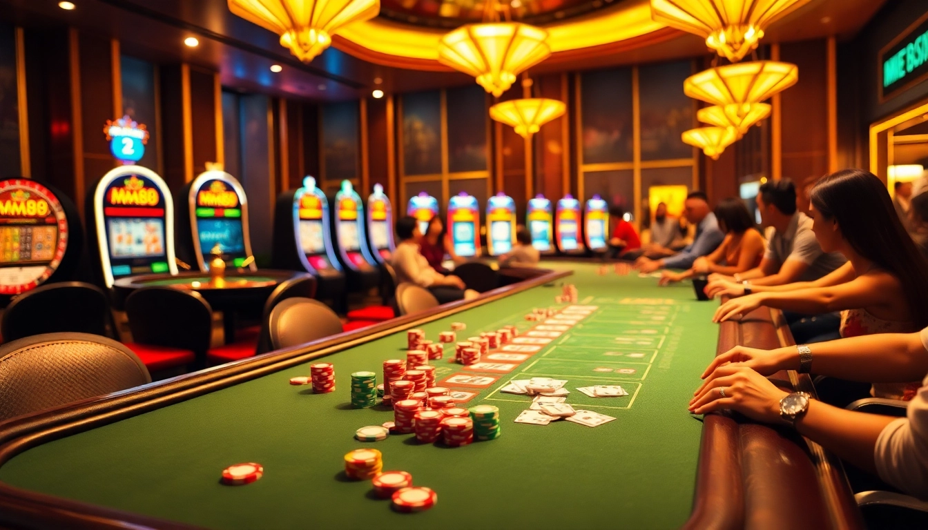 Exciting gaming scene at MM88.com featuring vibrant poker chips, cards, and slot machines.