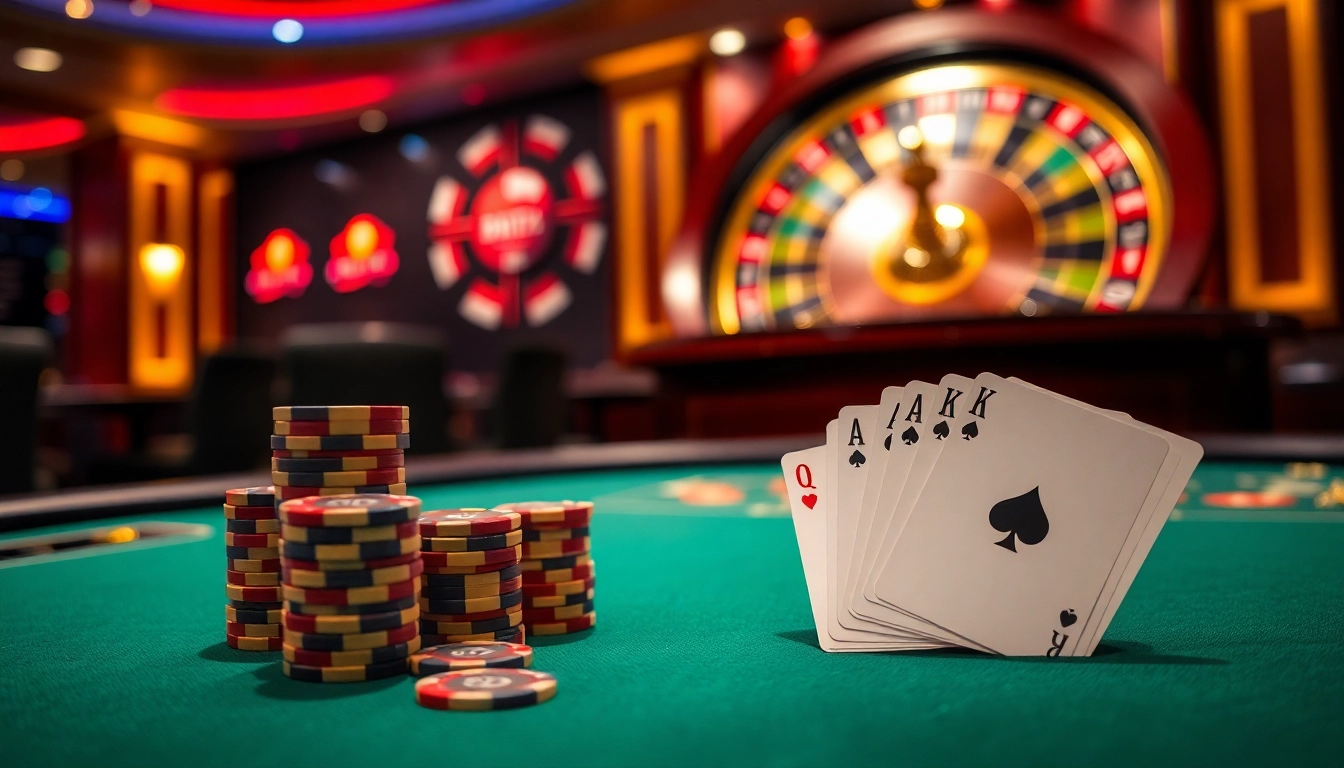 Play high-stakes poker with good88 chips at an elegant casino table filled with excitement.