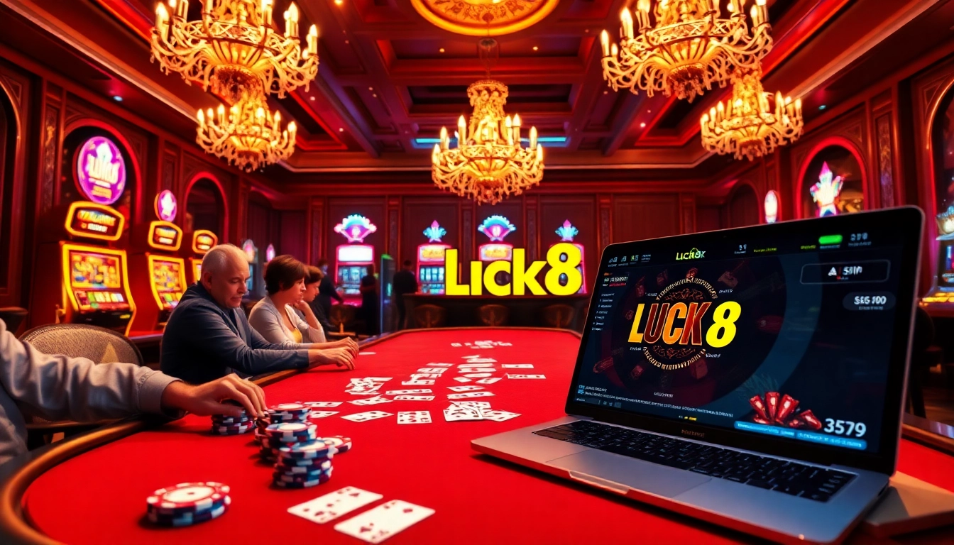 Engaged players enjoying a vibrant game of poker at Luck8 casino with colorful chips and digital interface.