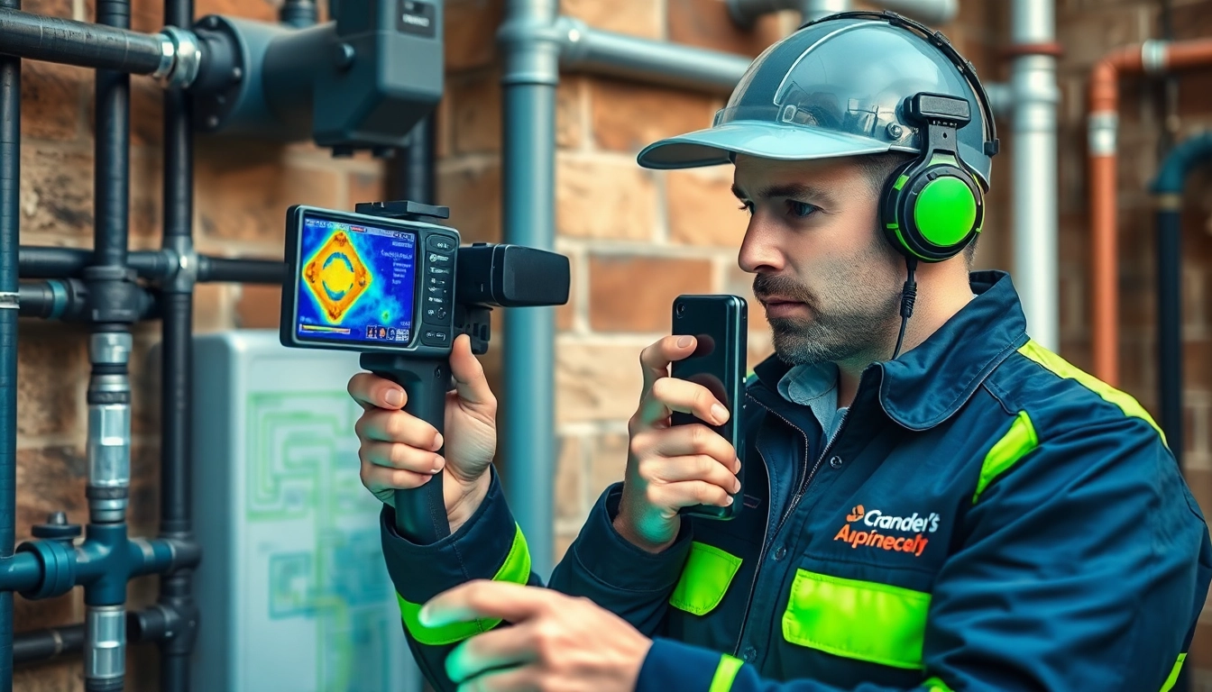 Water leak detection technician using advanced thermal imaging for precise identification.