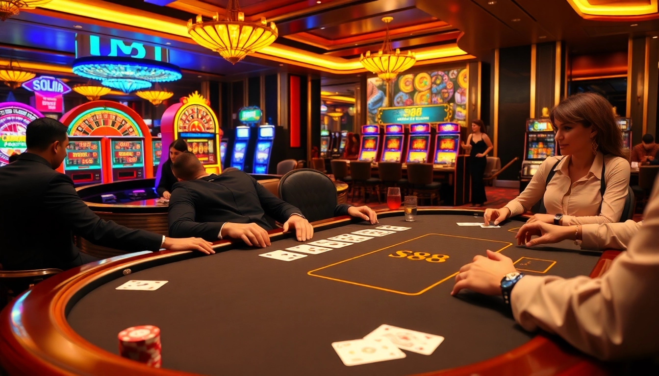 Players engaging in a thrilling poker game at the S88 casino with vibrant slot machines in the background.