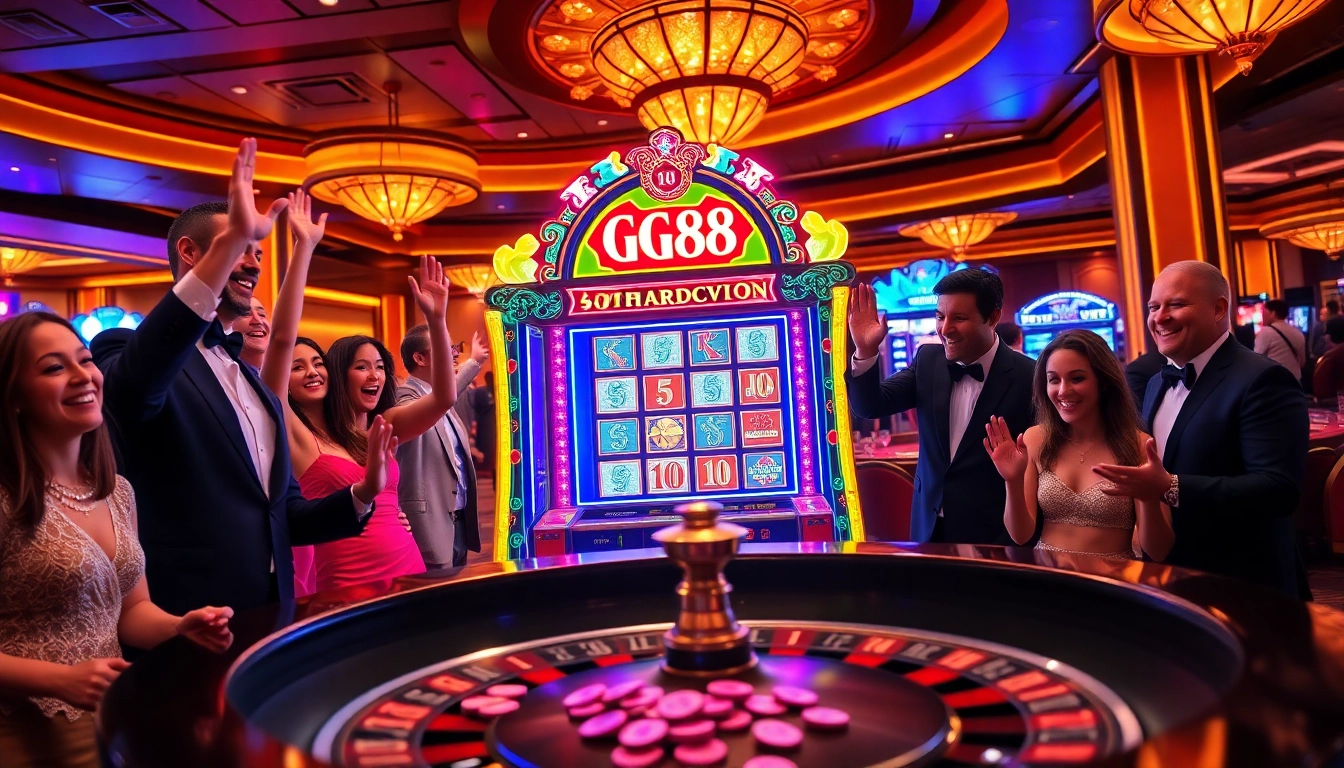 Players enjoying the exciting moment at the GG 88 slot machine in a luxurious casino.