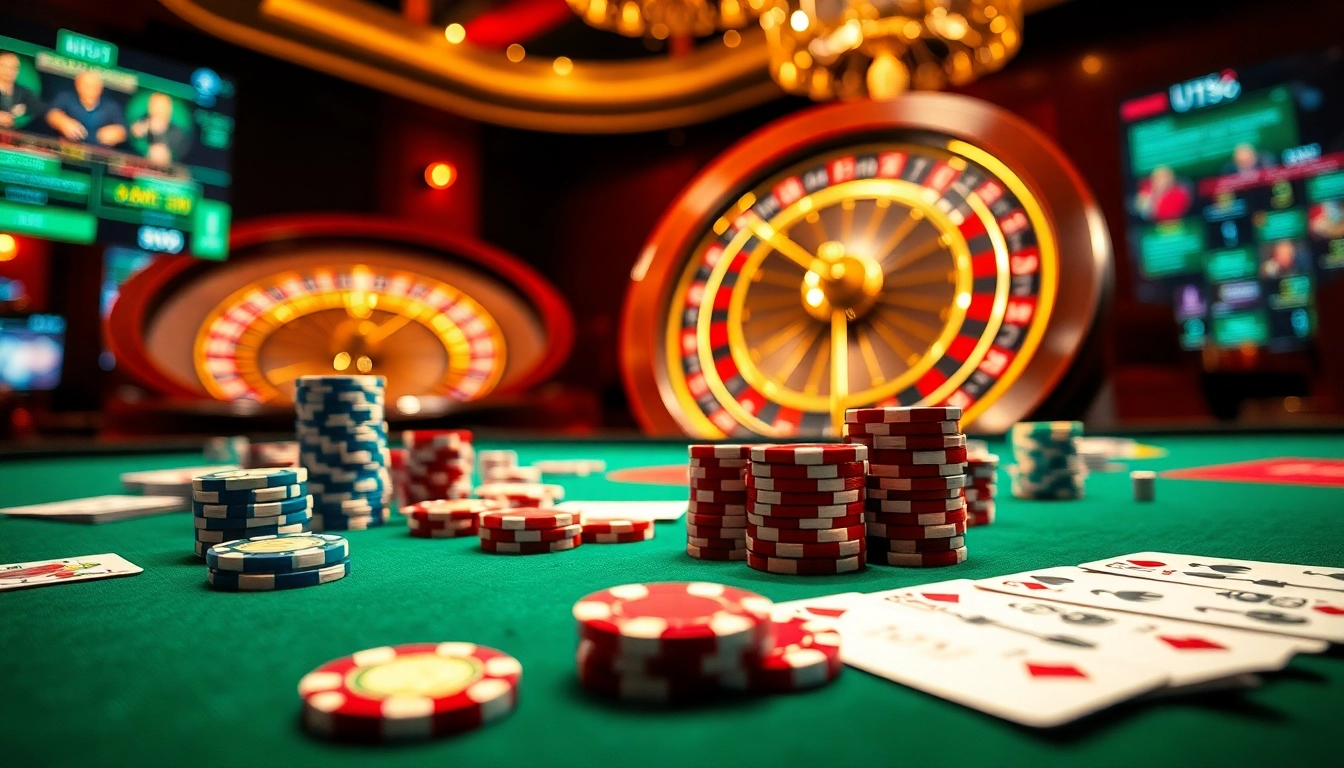 Experience thrilling gameplay at uu88 casino with vibrant poker chips and a classic roulette wheel.