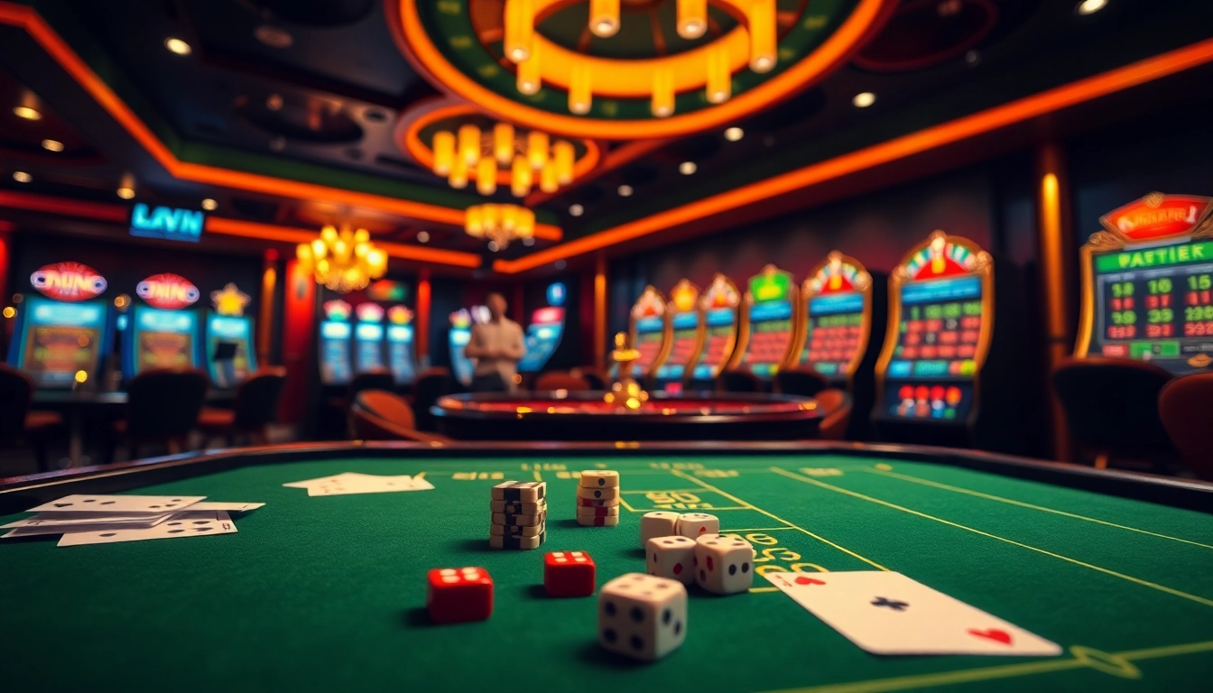 An exhilarating gambling scene showcasing 69vn.gb.net with vibrant casino tables and dynamic roulette wheels.