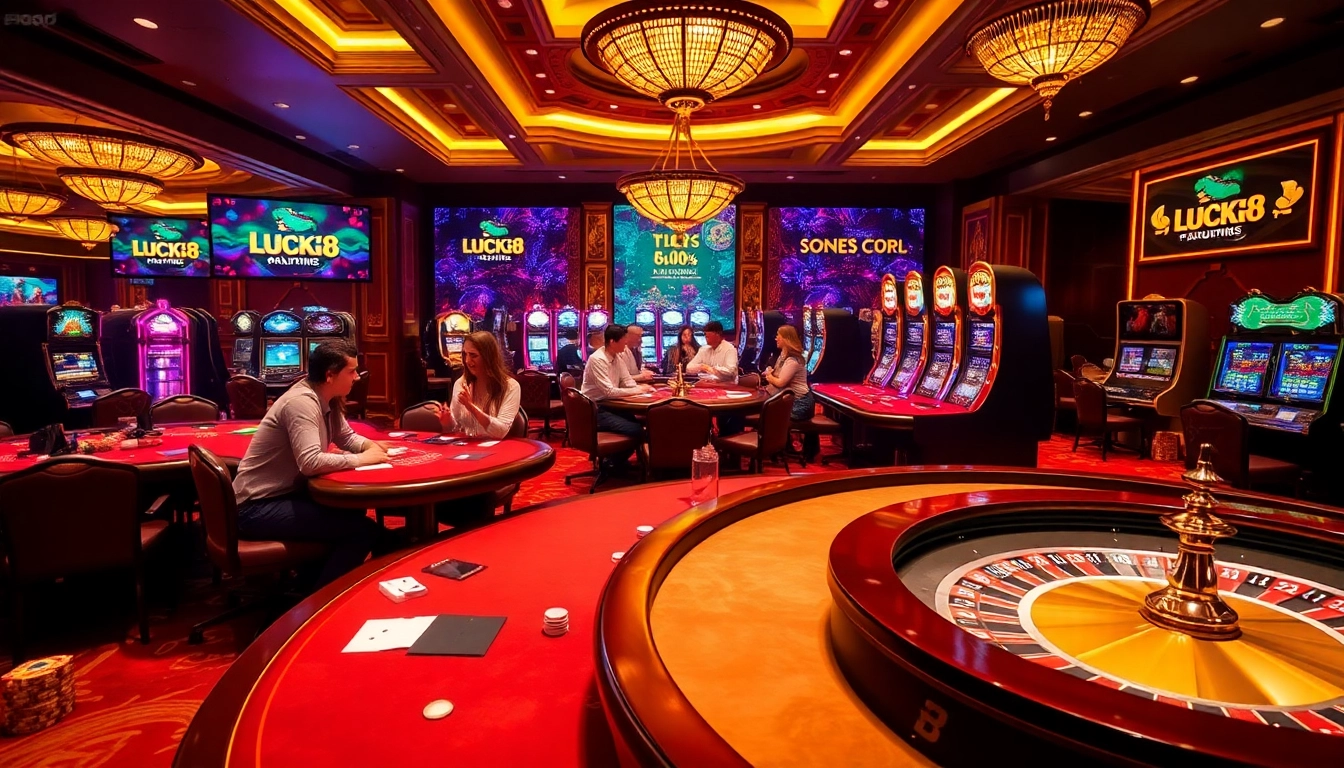 Luck8 casino players excitedly engaging at slot machines and poker tables in a luxurious setting.