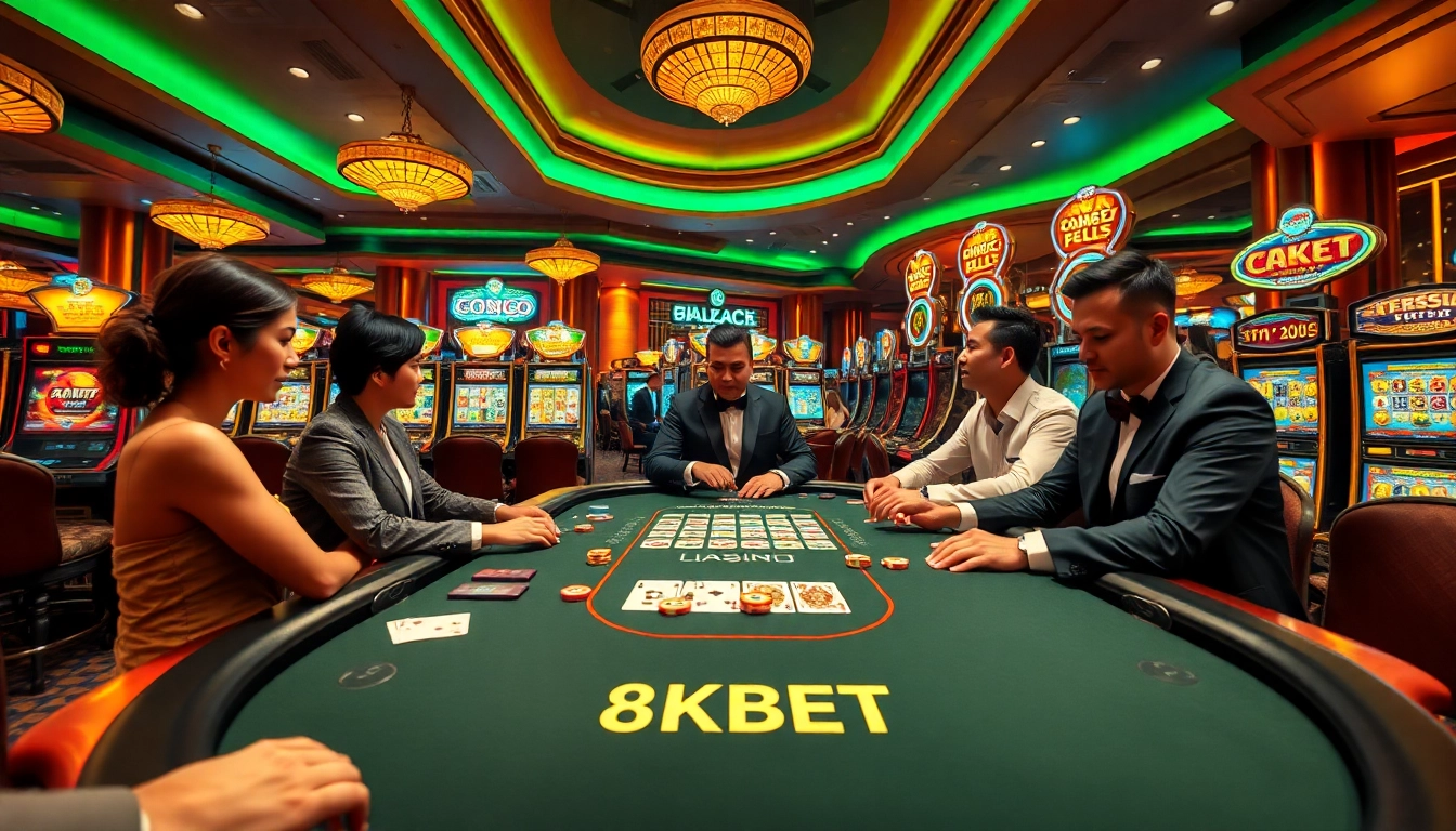 Experience the excitement of 8KBET with players at a blackjack table surrounded by vibrant slot machines.