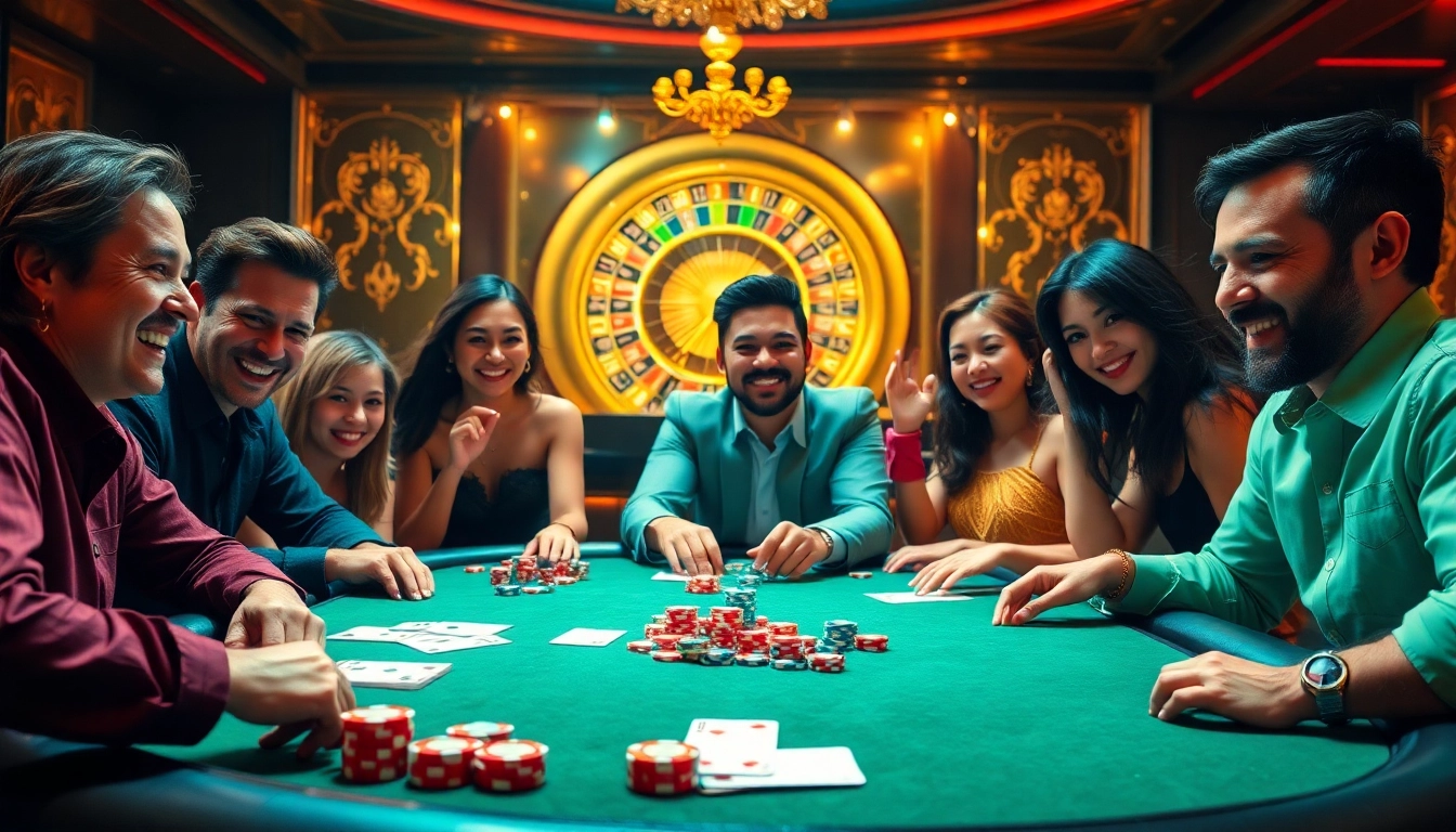 Exciting casino scene with players at a poker table and elements referencing https://hacoolmall.com/.