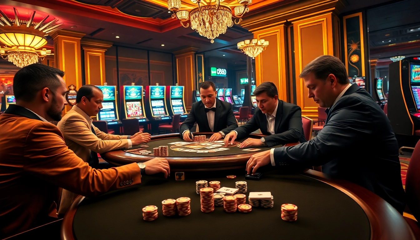 Intense poker action at a casino table with dh88 stakes, featuring colorful poker chips and cards.