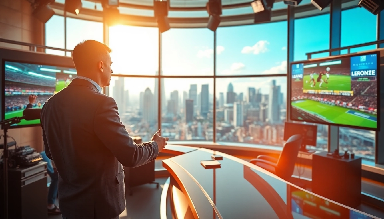 Sports Broadcasting scene featuring an energetic anchor in a high-tech studio.