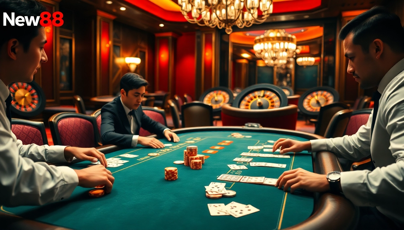 Engaged players at a poker table, showcasing New888 gaming excitement and strategy.