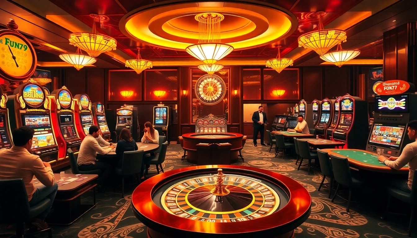 Players enjoying exciting games at fun79 casino with vibrant slots and poker tables.