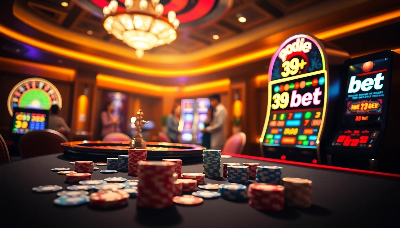 Play poker at 39 bet with colorful chips and a vibrant casino atmosphere.