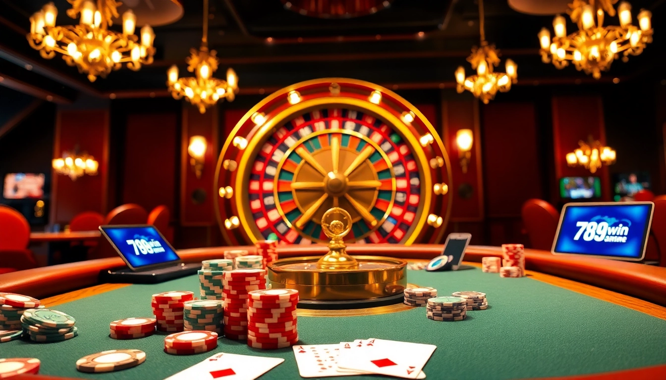 Experience the excitement of 789win at a luxurious casino table with vibrant poker chips and cards.