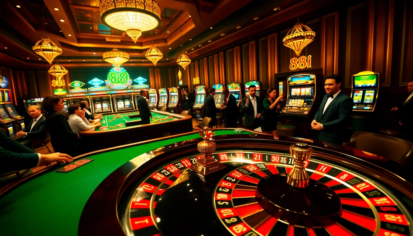 Players enjoying a thrilling game of roulette and poker chips themed with 88i in a luxury casino atmosphere.