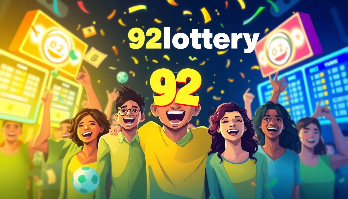 Exciting online lottery celebration scene featuring 92lottery participants and vibrant symbols.