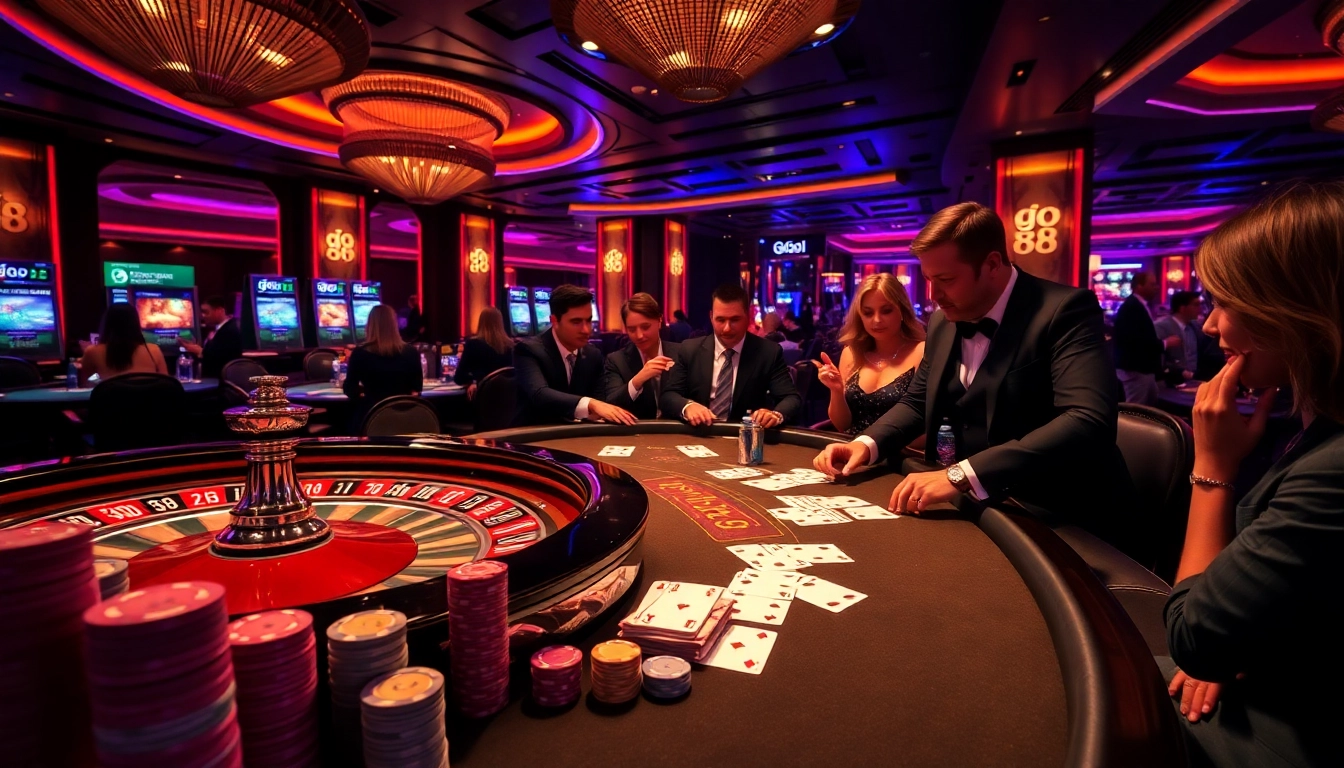 Engaging players at a casino with poker chips and cards, featuring 'go 88'.